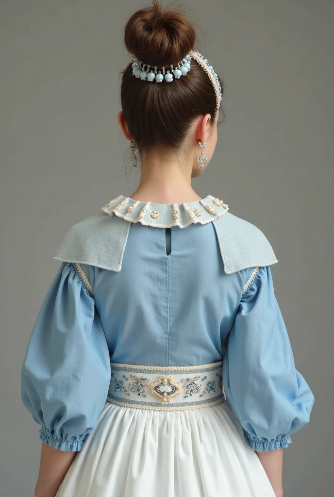 12 year old girl with long sleeve turquoise blue shirt, Turquoise blue skirt with straight line on the side in gold, Simple golden shoulder pads, gold tie, black shoes and turquoise blue beret