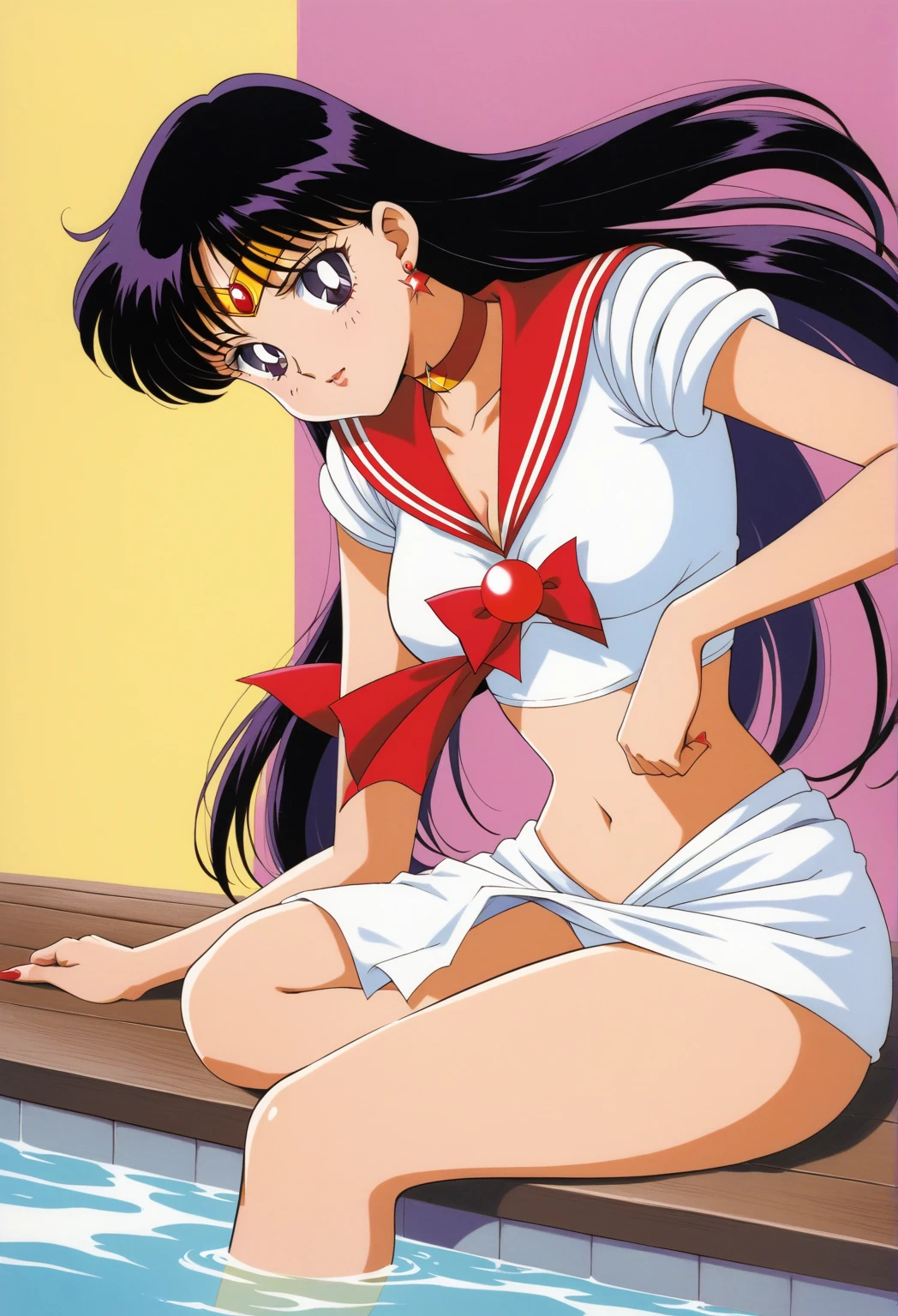 Anime Boy、Cool boys、Junior high school boys、gender change、gender change(Girls to boys)、Rei Hino、Sailor Mars、Sailor Senshi Uniform、a red choker、solo、star_(symbol)、Red sailor collar、Blue bow tie、white glove、elbowgloves、Red High Heels、Boy with very long black hair、Blue-eyed boy、Magical Boy、skirt、a red skirt、White leotard、highleg leotard、robe blanche、jewelry、back_bow、bow、Star earrings、circlet、Bare shoulders、bare legs、Boy sitting、rating:questionable、legs、ass、rating:safe、long legs、smile、a miniskirt、pleatedskirt、starry_background、Muscular men、Leotila、blush、red_bow、blue_bow、red_background、(1990's\(styles\):0.9)