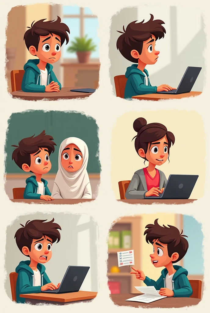 Cartoon Asian man wearing glasses with beard scratch the head in front laptop with hijab girl wearing glasses with boy ???