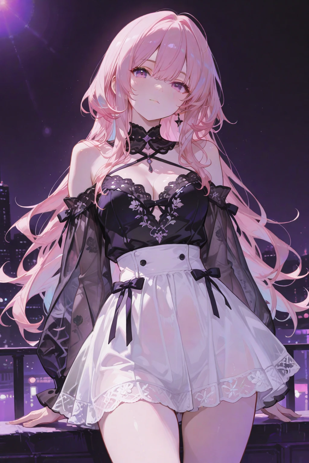 Pink Hair, Pink Eyes、girl、Small breasts、Hair Bun、girl、Small breasts、Lolita、Night view、Bright smile、Looks about 15 years old、Petan Musume、He is short、Eye highlights、Sexy thighs、In underwear、Wearing a sexy underwear、