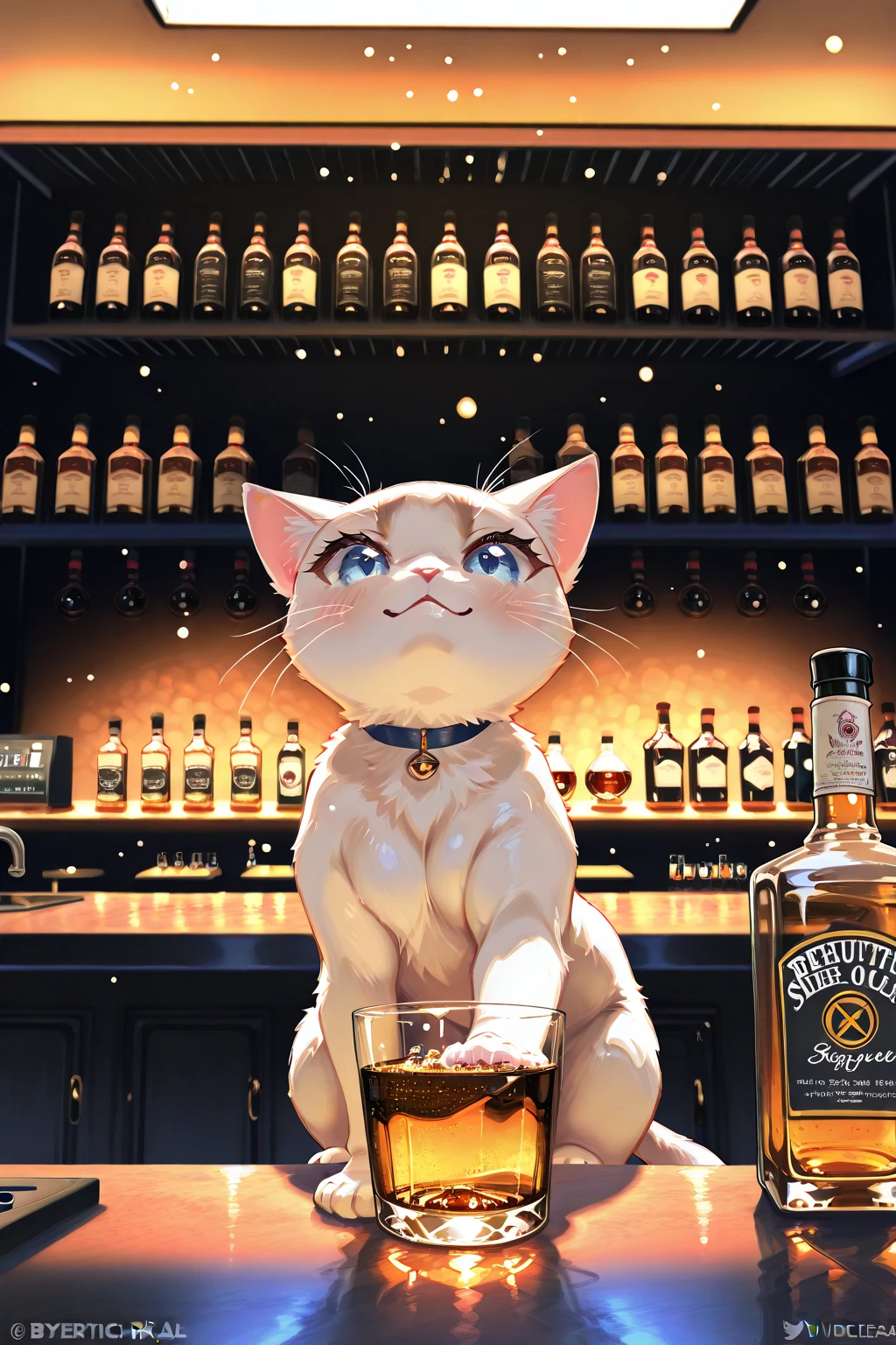 The protagonist cat at the bar counter, surrounded by empty glasses, looking very tipsy but happy.
