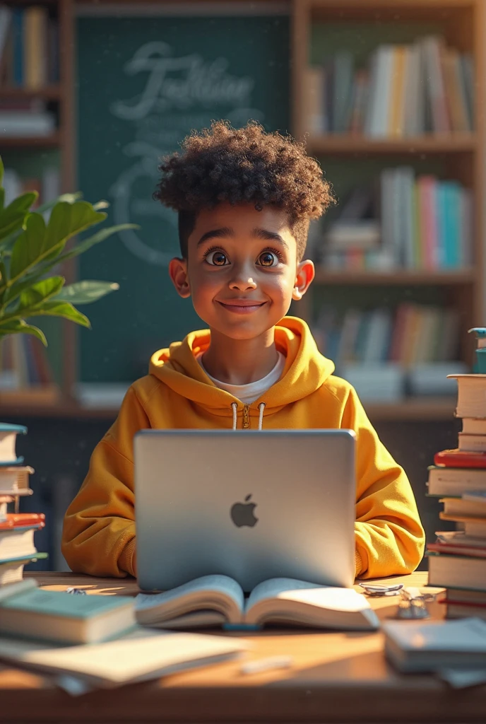 A black nerd with yellow features studying on a tablet in the classroom