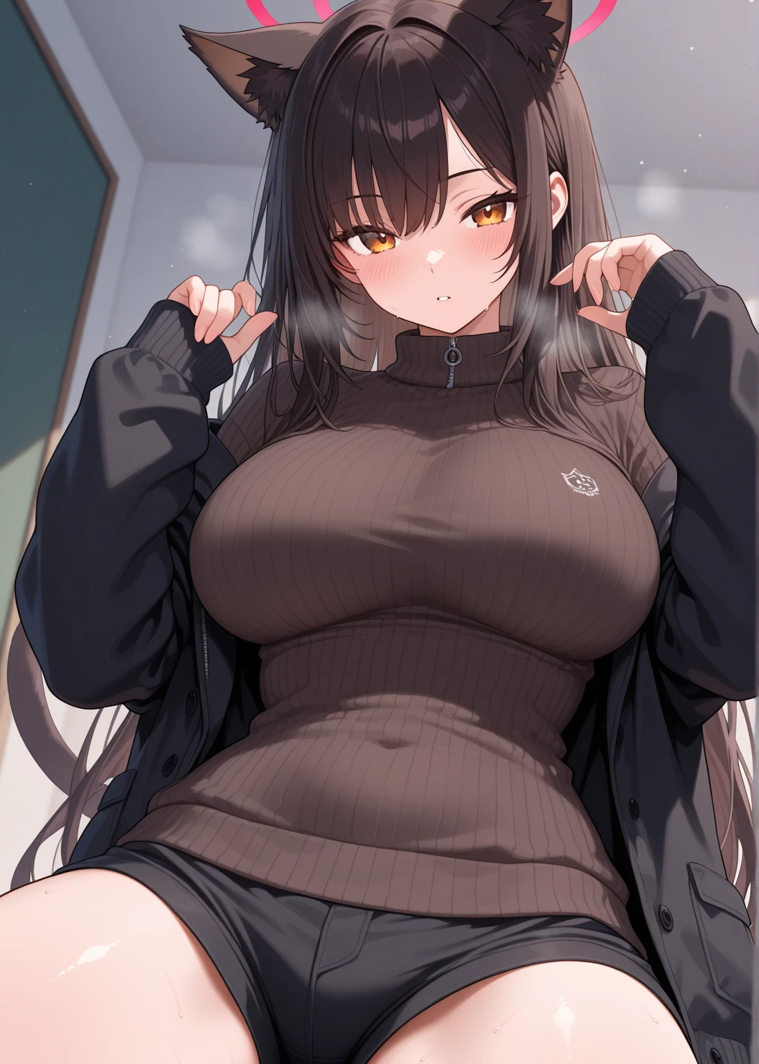 Hentai、High resolution、Shyness、A widow with huge breasts spreads her legs in a neat apartment、Shibuya Rin、Wearing a sweater、Perfect proportions、Cowboy Shot、Saggy super huge 、Fatty legs、Exposing shaved pussy、Clear eyes、Sweaty