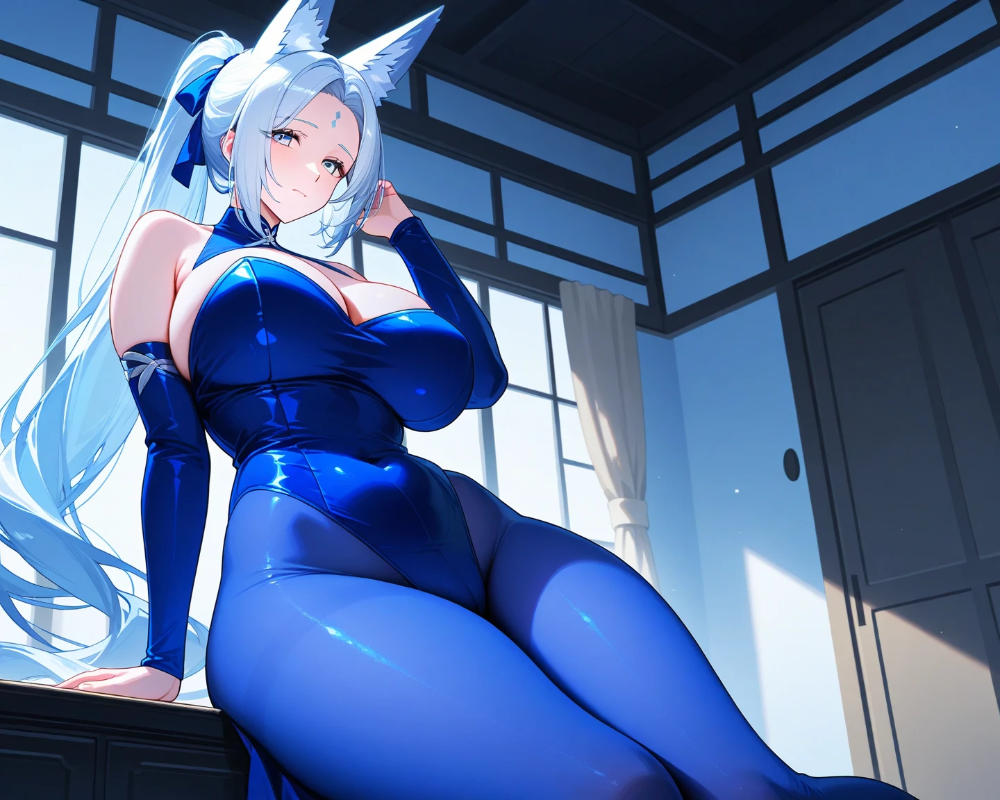 (Masterpiece), ((best quality)), 1girl, ((angle from below)), ((from below)), ((looking down)), smirk, long hair, white hair, cat ears, blue eyes, arms up, ((big breasts)), ((wide hips)), (pastel blue latex bunny suit), stars