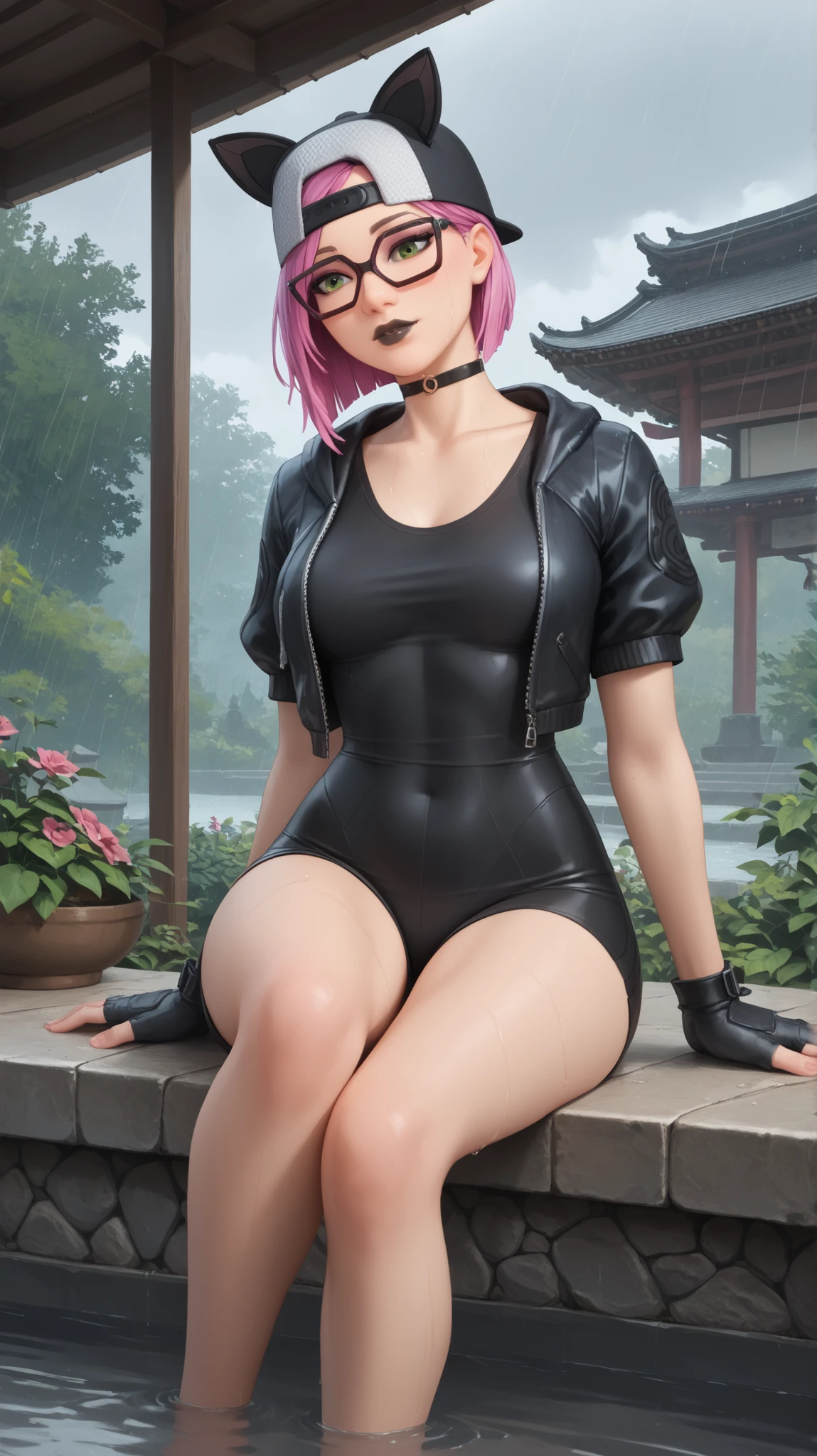(obra maestra, mejor calidad), sthe highest qualit, cinematiclight, 4k, 

a 20-year-old girl surrounded by cherry trees,
((17)) luz del sol desde el abajo,

edgScene black and purple,
hair (smooth flat),
short hair,

desde atras,
vista desde atras,

(color de ojos morados),

Gargantilla,
(pechos grandes:1.4, areolas:1.4)),
(traje de ballet, plateado, ajustado),
Muslos grueso,
(mascara),
pies sumergidos en el rio,  
cuerpo completo visible, 
(dedo del pie de camello, Cameltoe, en forma de,
Mostrar bragas: 1.5,
(botas largas, tacones altos),