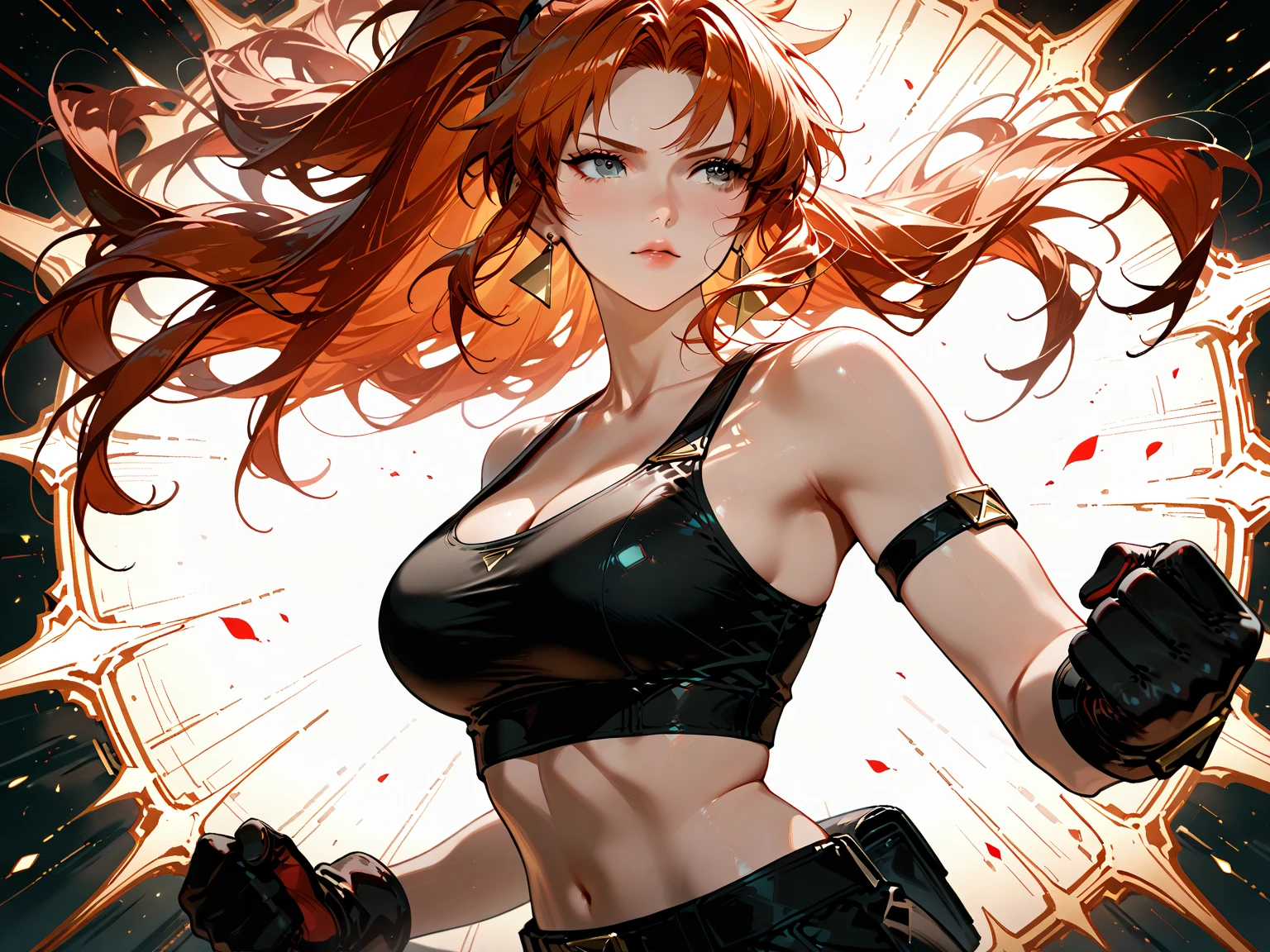 ((top quality, 8k, masterpiece: 1.3, ultra hd, high quality, best quality, high definition, realism)), sharp focus: 1.2, Beautiful woman with a muscular body, Red hair, Beautiful yellow eyes, sharp eyes, Beautiful and cruel face, thin face, big tits, Tight white shirt with open buttons, tight black pants, The shape of the nipple is clearly visible, Abs, Arm muscle, Sexy and seductive pose On bed,Both thighs opened very wide, pubic hair, The shape of the genitals is clearly visible.