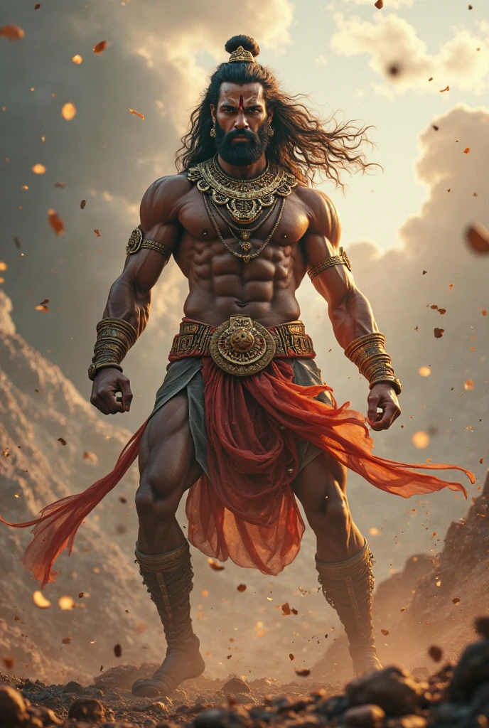 Create an image of Lord Hanuman full HD 8k and mix monkey face in a powerful and dynamic pose. Behind Him, there should be an Indian flag waving proudly. The background should be filled with vibrant colors, symbolizing strength and devotion. Ensure the flag is clearly visible and adds to the overall energy and patriotism of the image,