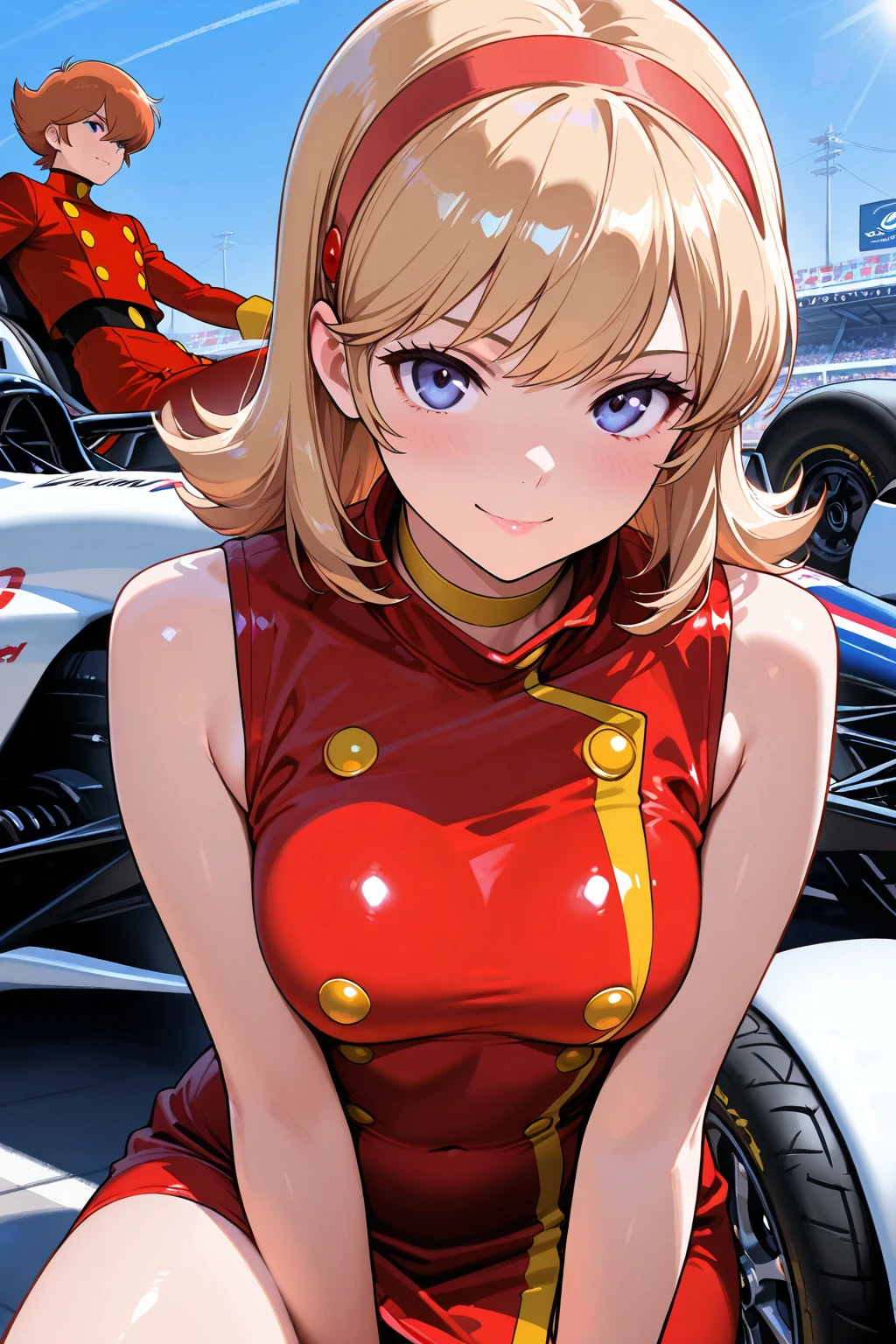 ((Cyborg 003; Françoise Arnoul from " A cyborg soldier ")), Pitt Girl , Grid Girls, ((girls. she is wearing a sexy Pitt Girl red costume)) A man with a tattoo ; with the pits of the F1 circuit in the background , sleeveless, Yellow Choker, red hair band, Slender Body and Legs, A very sexy small 〜medium sized breasts, Disconnect, blond hair, Beautiful Blue Eyes, Saggy Eyes, Attractive Pink Lips. Reddish Skin, My skin is white, smile, staring at viewers, from slightly front, Clear Light , ((clear bright subject)), FIA World Championship, Formula One, F1 車, (top quality, masterpiece:1.2), is photogenic, realistic, Super Detailed, Ultra Fine Painting, Clear Focus, physically-based rendering on the JR Tokyo Station platform, Extreme Detailed Description, vivid colors, professional, concept art, Outdoors, (( Françoise Arnoul in )),