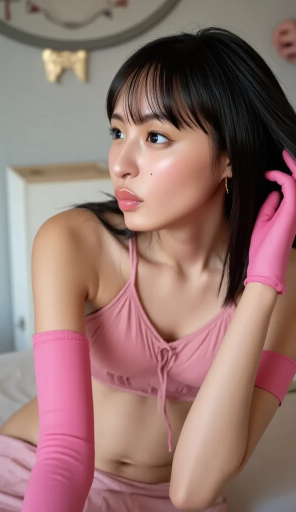 selfie, Create a realistic of A young Korean woman lying down with black hair in a ponytail, A white cloth is wrapped covering her eyes completely, a sage thin-strapped tanktop with deep side cuts, and light pink underwear. sweat glistening on her body. The setting is a bedroom with sunlight streaming in from outside, highlighting her figure. Her shadow is cast on a cream-colored wall behind her.