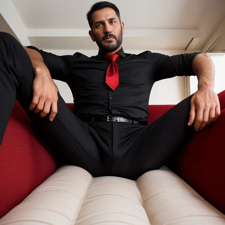 1 man, 3-piece pinstripe suit with fancy red tie, seated in his opulent executive office. Man is a vampire, has supernatural hazel & red eyes, hair color is black, very short and straight hair, ethnicity is Puerto Rican with a tan, clean shaved.