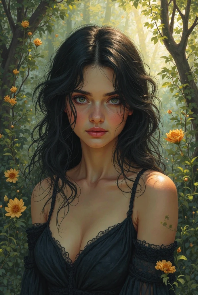 instructions Copy A beautiful girl in a secret garden, Sunlight filtering through the lush foliage, colorful flowers in bloom, detailed facial features, loose hair, bad girl expression with sexy black short dress, photorealistic, oil painting, vibrant colors, dramatic lighting, waist length wavy hair black hair , blue eyes