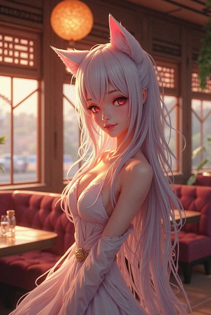 An ultra-detailed and stunningly beautiful CG illustration depicting a sultry fox with sweet purple hair, sharp green eyes, red nose and a ruddy face standing tall in shorts. On the tail and fur, this animal-like beauty exudes sensuality in every pose. (Masterpiece, Superb Quality, 1Girl, Solo, Intricate Details, Color Aberration), Realism, ((High Atmosphere)), Bare Shoulders, Big Breasts, Sexy, White Fox, White Long Hair, White Headdress, White Highlight, Hair Above One Eye, Green Eyes, Earrings, Sharp Eyes, Perfect Symmetrical Figure, Choker, Neon Shirt, Open Jacket, Turtleneck Sweater, Against the Wall, Brick Wall, Graffiti, Dim Lights, Alley, Looking at the Audience, ((Mean, Seductive, Glamorous)), ((Cherry Blossom Background ))),((Japanese temple background)))), (((Glow-in-the-dark background)))