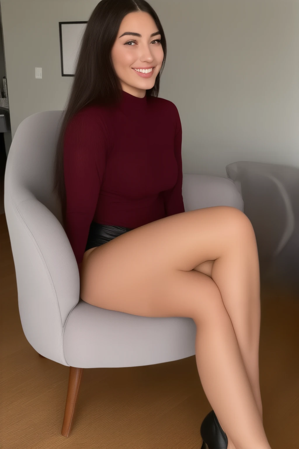 Do Larissa in this same pose, but completely naked, in an identical scenario, cabelo castanho escuro