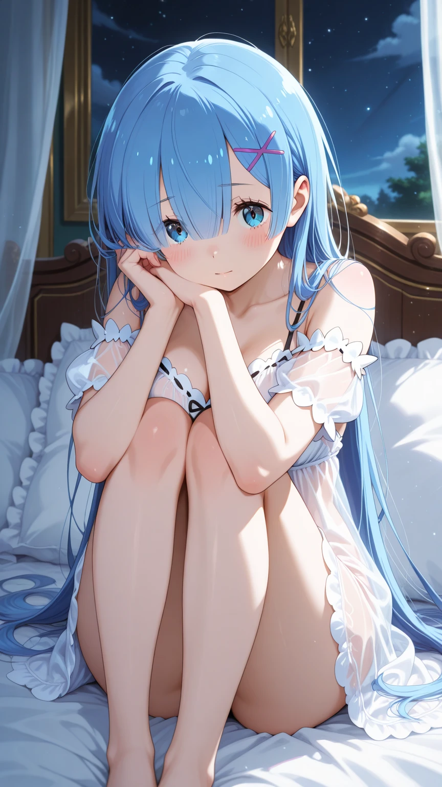 a women, blue hair, blue eyes, white dress
