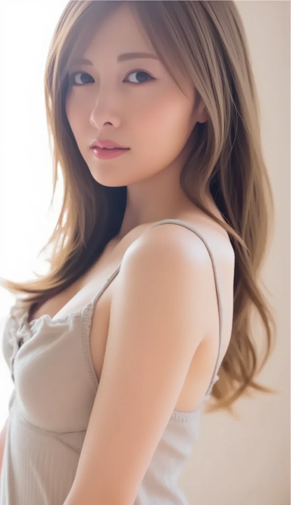 ((Masterpiece, Top image quality, high resolution、alone、shiny skin))(on the table, best quality, actual, super detailed, meticulous, high resolution, 8k wallpaper), Close-up portrait of a beautiful woman, Chariada, smiling, light brown messy hair, Perfect dynamic composition, 美丽meticulous的眼睛, Just like the cover of a fashion magazine, on campus