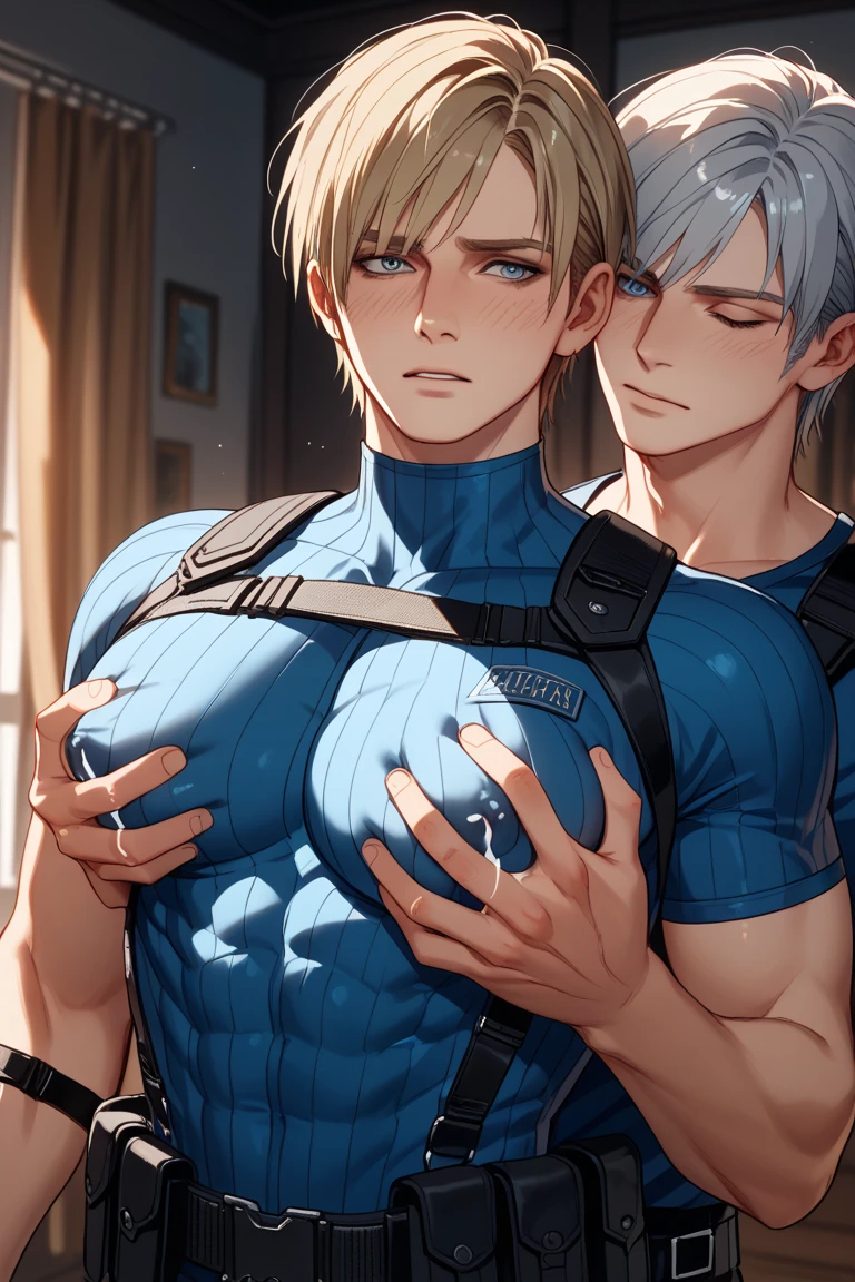 Two men,seminude,Abs,full bodyesbian,Perspectiva subjetiva,Seven-doppelganger shot,Royal blue eyes,Lick lip,Gradient gray hair,complementary colours,lightand shade contrast,style of anime,high detal,8K,The is very detailed,acurate,best qualtiy,anatomy correct
