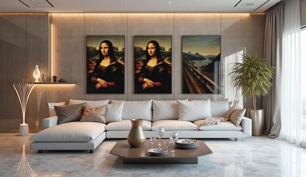 a large room with a giant television, White sofas and Rembrandt art paintings