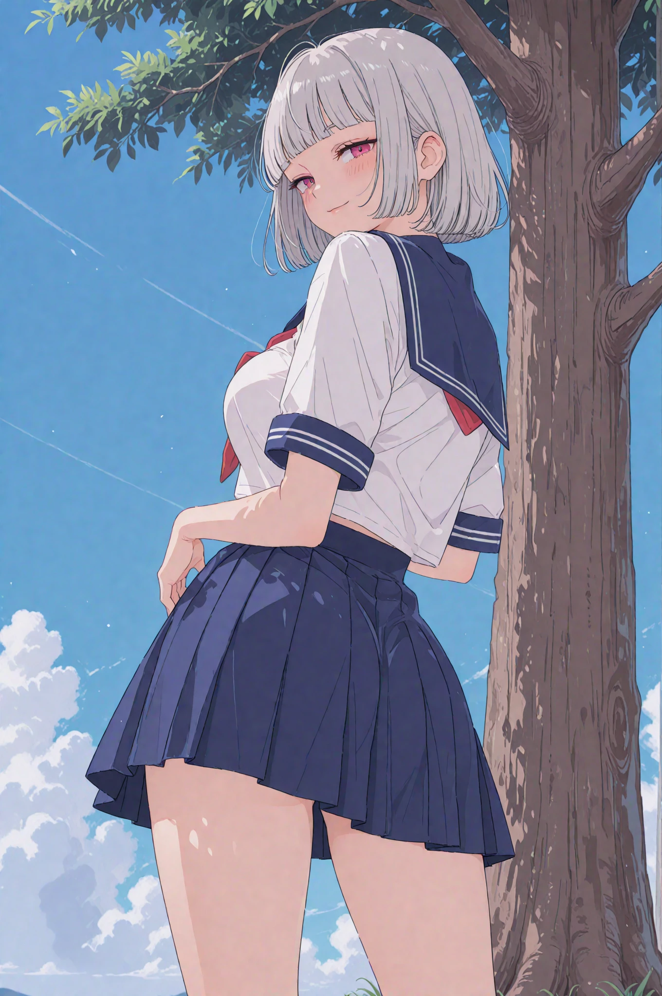 8k quality, Japanese , sailor suit, white on top, black skirt, shy, sexy, clean body, white hair, massive breasts, shy, short hair, lies, arched, chubby, wide hips, smiling, Skirt Lift、Self Lift, white panties、lingerieOutdoor, upskirt, ass, back view