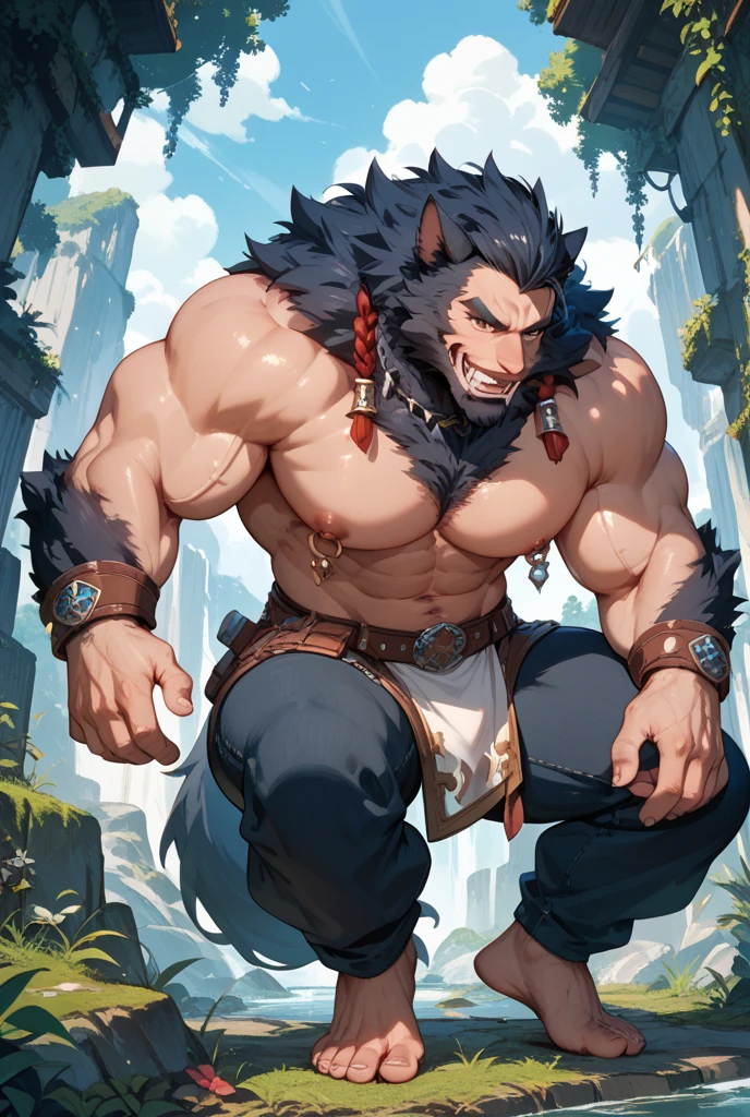 birds-eye view, furry, anthro,
giant werewolf, big wolf ears, big wolf tail, dark grey and white fur, messy fur, neck floof, yellow glowing eyes, razor sharp teeth, muscular body, handsome, monstrous, tall, gigantic,
looking up, standing over a (really tiny) continent at his feet, daytime, alone, body clearing clouds,
wearing a (black coloured loin cloth) with giant bulge/giant erect veiny cock, a silver chain around his neck and broken silver shackles with broken chains around his wrists and ankles, body covered in scars,
pawpads, black pawpads,
best quality, 4K, UHD, masterpiece, macro furry, macrophilia