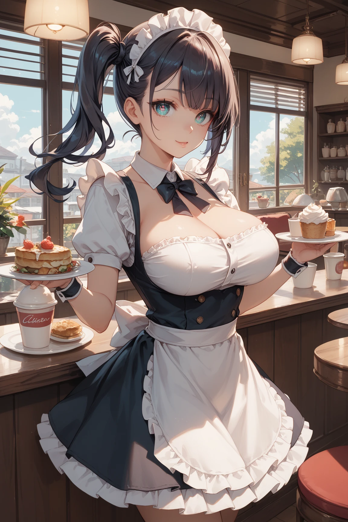 actual, tmasterpiece, quality, (詳細な目), A female high school student, humongous large breast, perspiring, the night, En plein air, Bustling restaurant, Microbikini tucked in, String micro bikini only, pony tails, 耳Nipple Ring, White apron, puffy short sleeves, between, Small tray, center open, neck bowtie, pelvis curtain, (Wide hips), smile shy, Embarrassing, (head looking up), short maid skirt, maid headdress, (Spread fresh cream on top)