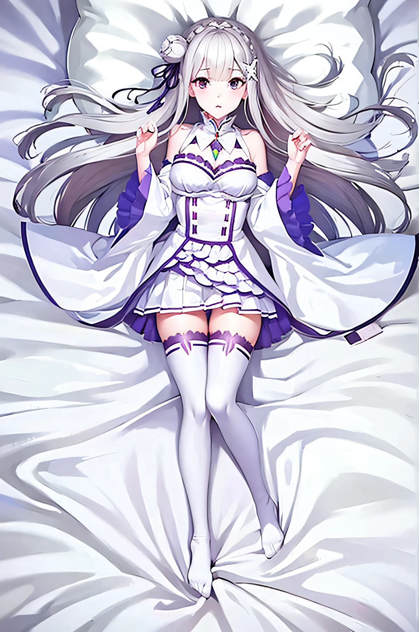 1 person, Emilia, white tights, white knee-high socks, embarrassing, Red cheeks, Seducing Men, white sheets, Lie on your back, (Full Body:1.2), 8 heads, (long legs:1.2), High Waist