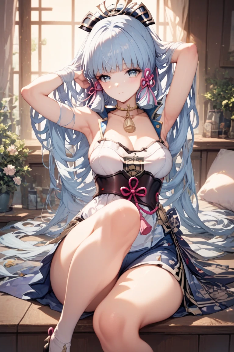 Character Details:, - Gender: 1 Girl. - Style: Anime, - Body Type: Attractive body, slim body, nice legs, slim tights, nice arms, nice shoulders. - Breast: (Small Breast:1.1), (Cleavage), (Nipple:1.1). - Facial Feature: Beautiful, Gorgeous, Teenager, Fresh, Young. - Expression: Shy, Pink Blush on Face, Pink Tongue, Sexy Eyes, Sexy Look, (Sweating:1.4), Innocent Look, Tipsy. - Hairstyle: Blunt Bangs, Long Hair. - Hair Color: (Light Blue Hair:1.5), (Messy long Hair:1.3), - Clothing: (Kimono:1.4), (Off-Shoulder:1.3),. - Body Pose: (sexy pose:1.3),. - Behaviour: Waiting, Want Something, Secretly. - Accessories: Earrings, No Hair Accessories, Environmental Details:, - Setting: Bed Room., - Lighting: Natural Light., - Decoration: Modern Bed, Chair, Window, White Curtain, City View. Top view. pov, anime style, UHD, retina, masterpiece, accurate, anatomically correct, textured skin.