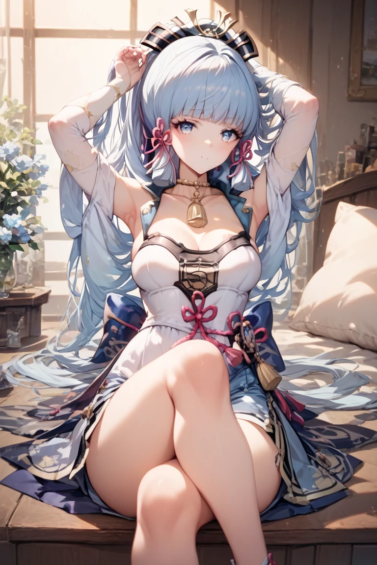 The arrival of spring、 (alone:1.5,)Super detailed,bright colors, very beautiful detailed anime face and eyes, look straight, ;d, shiny_skin,girl, ((purple eyes))、bangs、((arrange bangs))、short bob、bluish hair、((silver blue colored hair))、clear eyes、、shiny hair, delicate beautiful face, blush、(turquoise eyes), White skin, Valletta, earrings,11 years old、blue flower field、All nude、nipple、