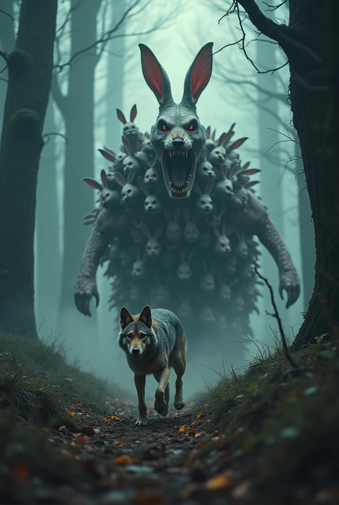 (((horror style))), image of a tall, skeletal creature with two megaphones for a head, Trevor Henderson, walking through a dark forest, teeth inside the megaphone, rotten muscles, super-detailed graphic, 4k resolution