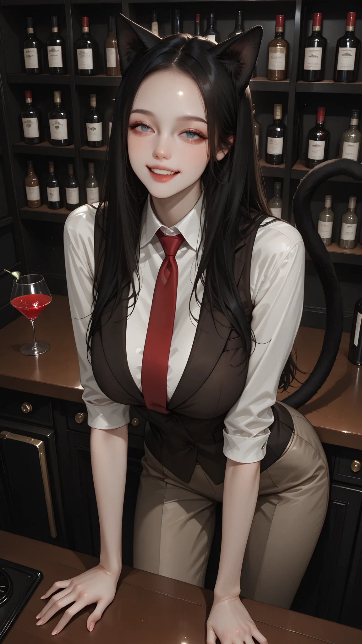 very aesthetic, 걸작, 고해상도, 8k 해상도, high contrast, (semi-realistic), newest, koreanai, best_quality, finely_detailed_eyes_and_detailed_face, (1 cat_girl), black_cat, beautiful, pretty, cat_ears, cat_tail, solo, long_hair, straight_hair, (no bangs, forehead exposed),(humongous_breasts, huge_breasts, skinny, tall_height), blue_eyes, monolids, brown_waistcoat, white_shirt, brown_trouser, red_necktie, paw_pose,genuine smile, smiling eyes, open_mouth, black_hair, looking_at_viewer, dynamic_angle, standing, bar background, cocktails, behind the counter, bent_over
