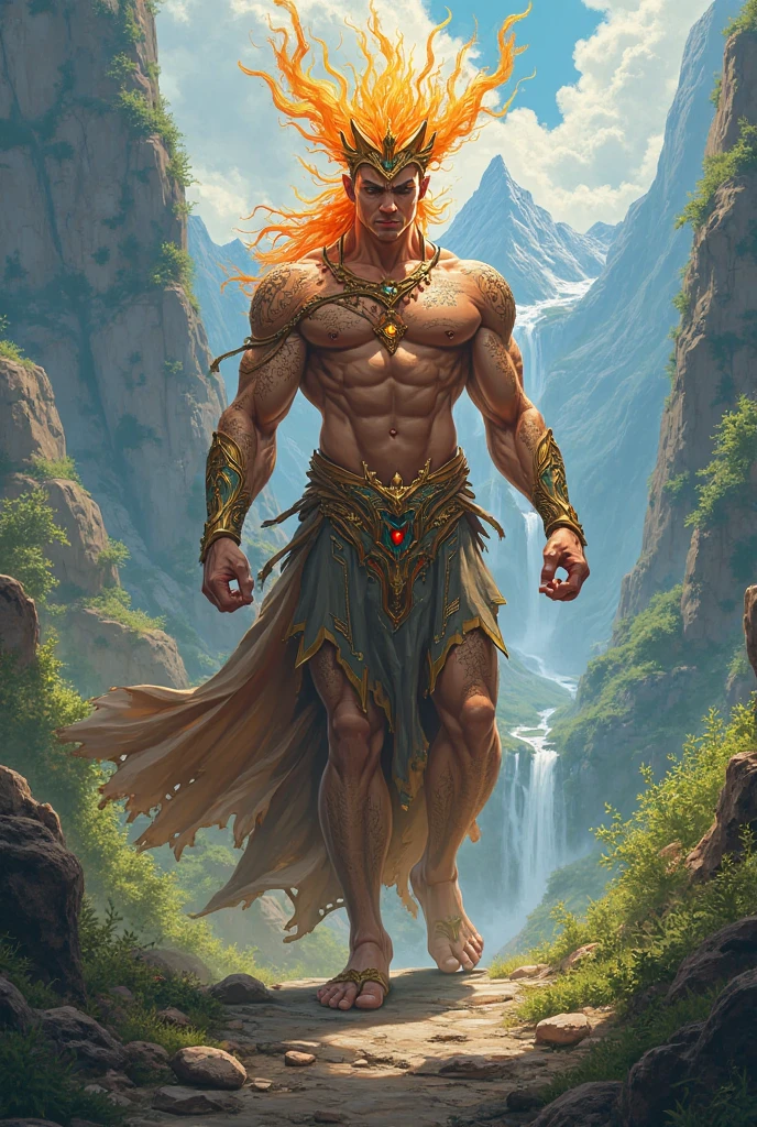 A stunningly chiseled elven warrior with the trademark pointed ears, luscious blonde locks cascading down his broad shoulders, and emerald green eyes brimming with determination. Revealing his sculpted physique, he stands amidst nature's bountiful embrace, perspiration glistening off his glistening skin, as he diligently hones his muscles in the open air. Captured in an exquisite oil painting, this masterful artwork flawlessly captures the essence of a Victorian-era hero, radiating strength and allure. The image pulsates with vibrant colors and exceptional attention to detail, visually immersing viewers in a world of fantasy and admiration.naked