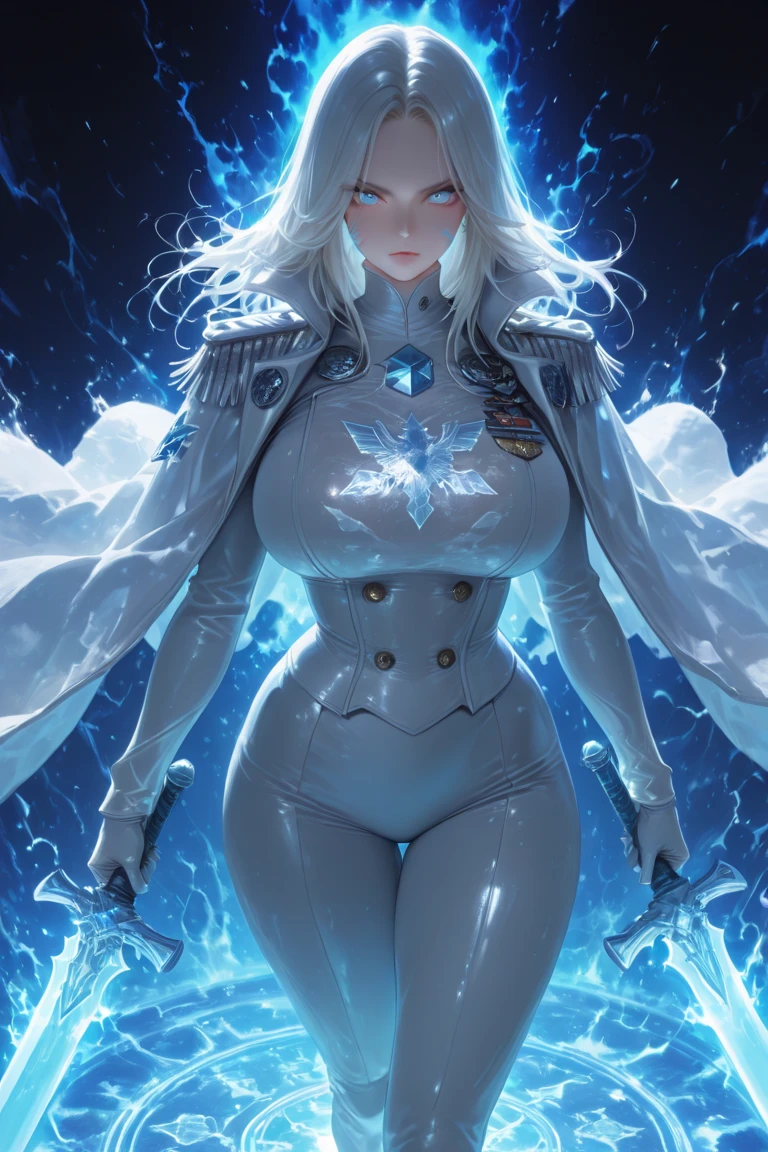 masterpiece, top quality, (One focus), (perfect face:1.1), (high detail:1.1),dramatic, 1 guy, (pale skin), long white hair, white eyes, One, long hair, moon, night, white luxury suit, Coated navel, Plump lips, Coated, futuristic city, detailed background, Art by Artgerm and Greg Rutkowski,  cinematic lighting,