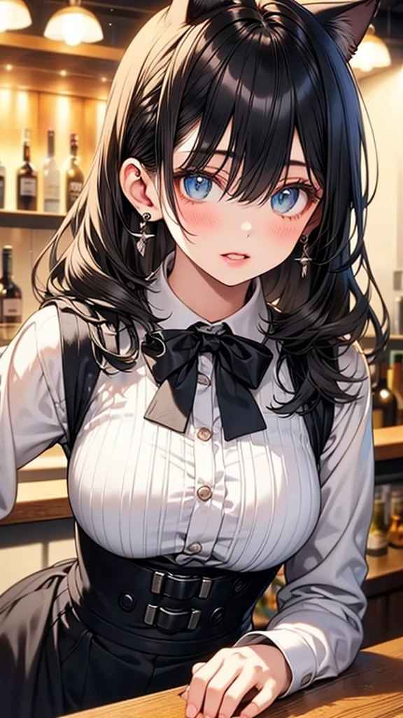best quality, 4k, high resolution, masterpiece:1.2, extremely detailed), sad expression looking at the camera, Large Breasts, 30 years old girl, solo, black hair, long hair, blue eyes, (drunk, blush), sitting, drinking, ((Mature sexy body)), Black stockings, Black tight skirt, Mature sexy body, holding mug, counter, bar, (Stylish bar) indoors, ((Cocktail glass) full of colorful liquor), (Dimly lit room), Wine bottle, Detailed background, Fluffy hair, ((((Night background))))), (((In the bar))), Wine, Whiskey, Highball, (Shiny glow, Effect:1.2)