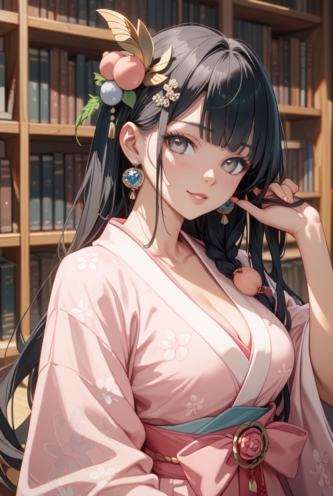 Highly detailed, high quality, masterpiece, 1 woman, sitting on wooden bench, (traditional clothing: 1.1), (sexy cleavage)), blue and white hanfu dress, long sleeves, gold embroidery, hair decorated with hairpins and silk tassels, (jewelry: 1.2), pearl earrings and necklace, delicate makeup, pink lips, calm expression, holding a book, (cherry blossom tree: 0.9), flower petals falling, lantern in background, outdoors, spring evening