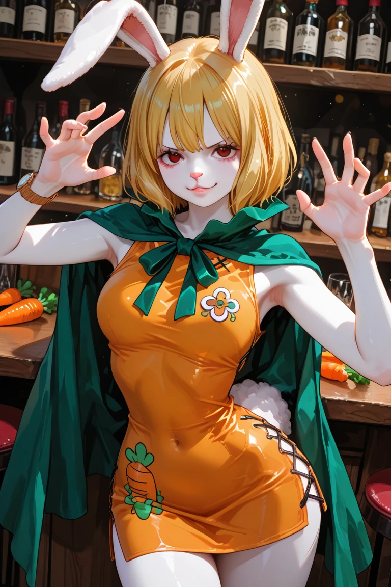 carrot_\(one_piece\), white_skin, 1girl, rabbit_girl, solo, standing, (huge massive breasts), (sideless_outfit:1.3), (sideboob), (cross-laced_top), orange_dress, short_dress, cleavage, cape, gloves, bare_legs, embarrassed, smile, brown_eyes, yellow_hair, short_hair, rabbit_tail, rabbit_ears, green_bowtie, ((official_art)), ((one_piece_treasure_cruise)), ((screencap)), wide_hips