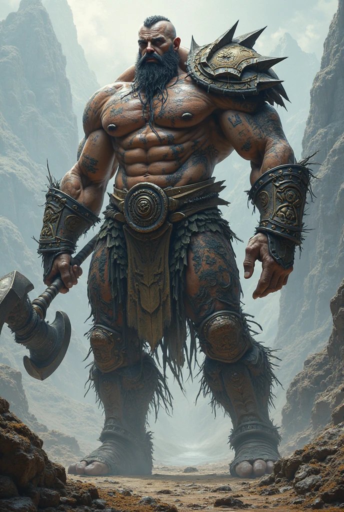male Orc symbaroum with the axe on hand , and dark violet tattoo, masterpiece 8K UHD, mystery atmosfera , fit body, 