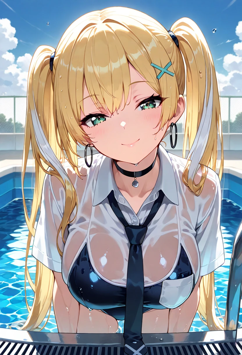 young woman Blonde(absolute) Baby Face Big Breasts Waistline Thighs barefoot Nipples Playboy Bunny fake bunny ears Love juice blush smile Twin tails Long Hair Looking up Pool at night blue eyes delicate Sensual Provocative Dominant fine eyelashes Big Eyes stand
