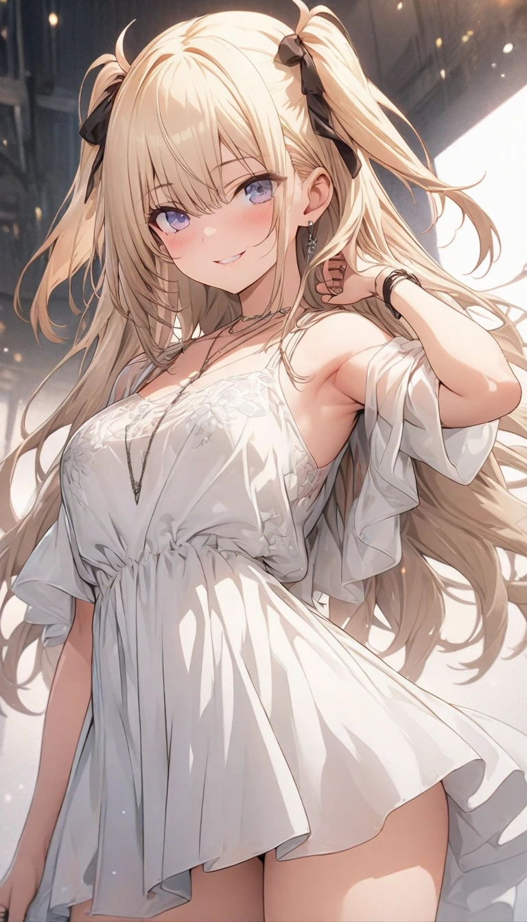 Score_9, Score_8_up, Score_7_up, 1, woman, long straight hair with curly ends, light brown hair, split bangs, gray eyes, large breasts, expressionless, white chemise dress V-neck squinting eyes, mouth closed, standing, arms crossed, side view, thighs, bottom view, upper body, masterpiece, best quality, white background, long parted bangs, long ears, character design, full sheet