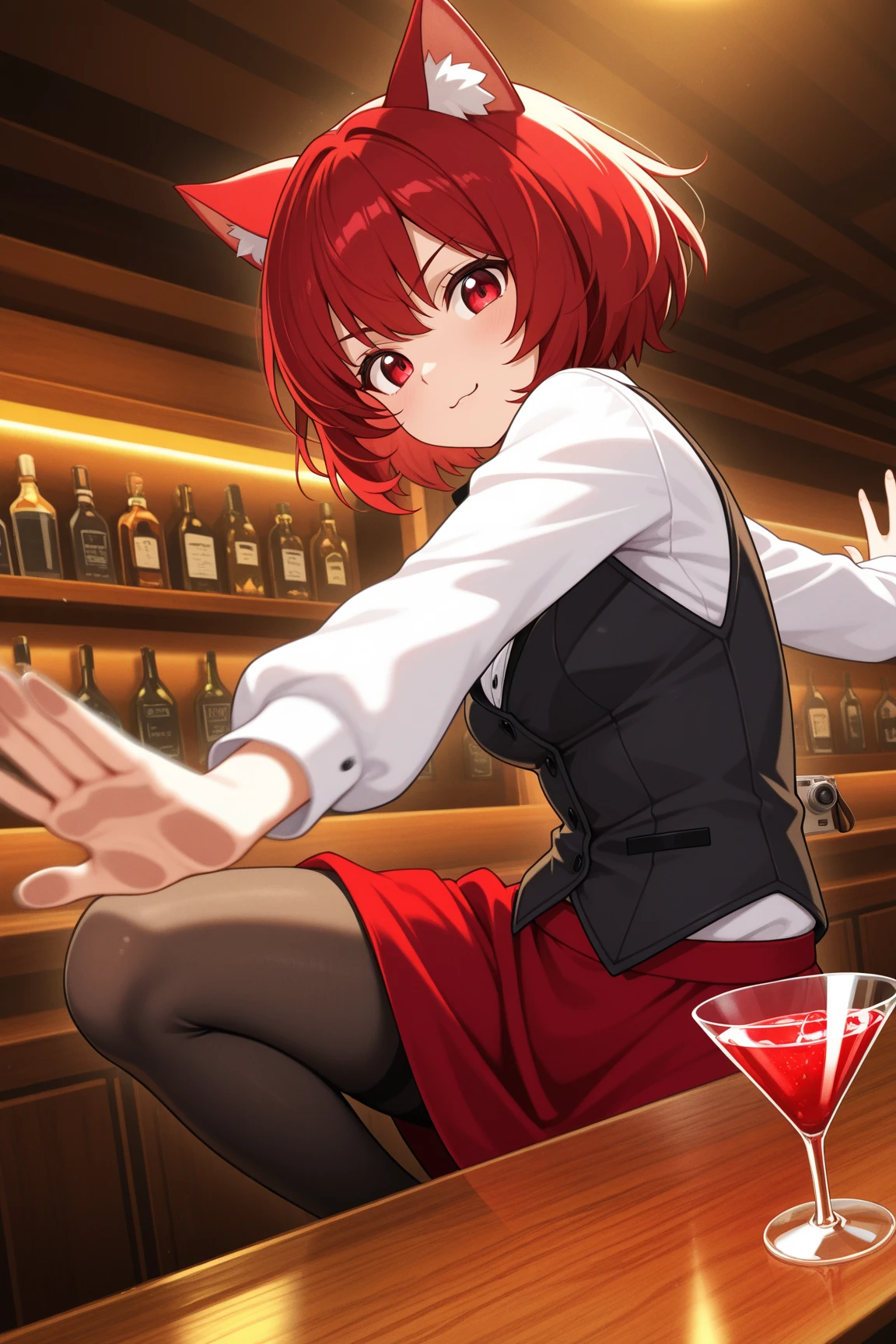 young girl, red hair, twintails, black circle on eyes, yellow eyes, wearing black letter jacket, red shirt, black short, fishnet stockings, smiling, in one england bar, 4k, maasterpiece,