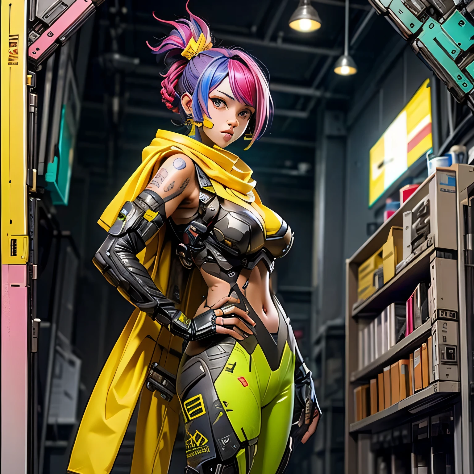 most beautiful、Sexiest Cyberpunk Girl Samurai, Open your chest,Hand knife handle,Purple Hair, Yellow eyes, Dark Skin, Wear highly detailed futuristic combat armor, Futuristic mechanical angel wings, Glowing neon halo, Lots of tattoos and piercings, Cherry blossoms fluttering in the wind, Very detailed background, Perfect masterpiece, high quality, high resolution
