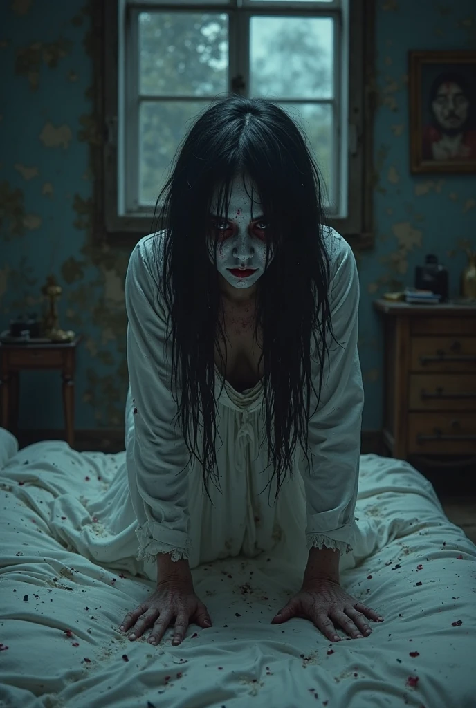there is a woman with makeup on her face eating something, exorcist, from horror movies, film still from horror movie, film still from a horror movie, 8 0's horror movie film still, horror movie scene, the conjuring style, still from horror movie, 1 9 8 2 horror film, the conjuring, the evil dead, horror film, evil dead face