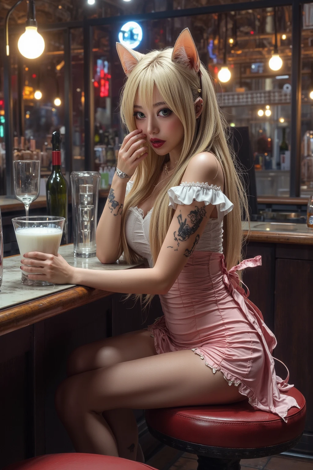 ffviera <lora:ffviera:1>, (masterpiece), (best quality), bartender, red shirt, jeans, in a bar, wall of bottles in background