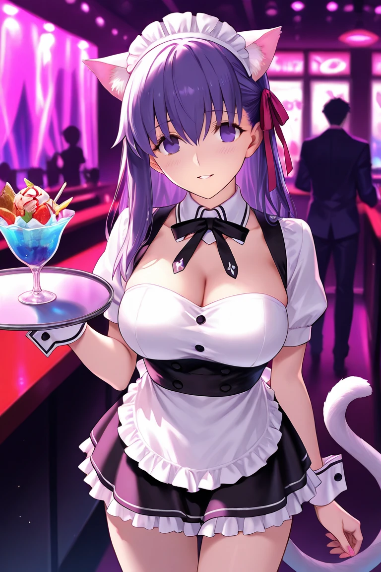 masterpiece,Highest quality,High resolution,Super detailed,Anodoka,One girl,Iris,Purple Hair,short hair,Ahoge,Hair on one eye,Bunny ears,Playboy Bunny,casino,Holding Tray,Embarrassing,blush,Are standing,