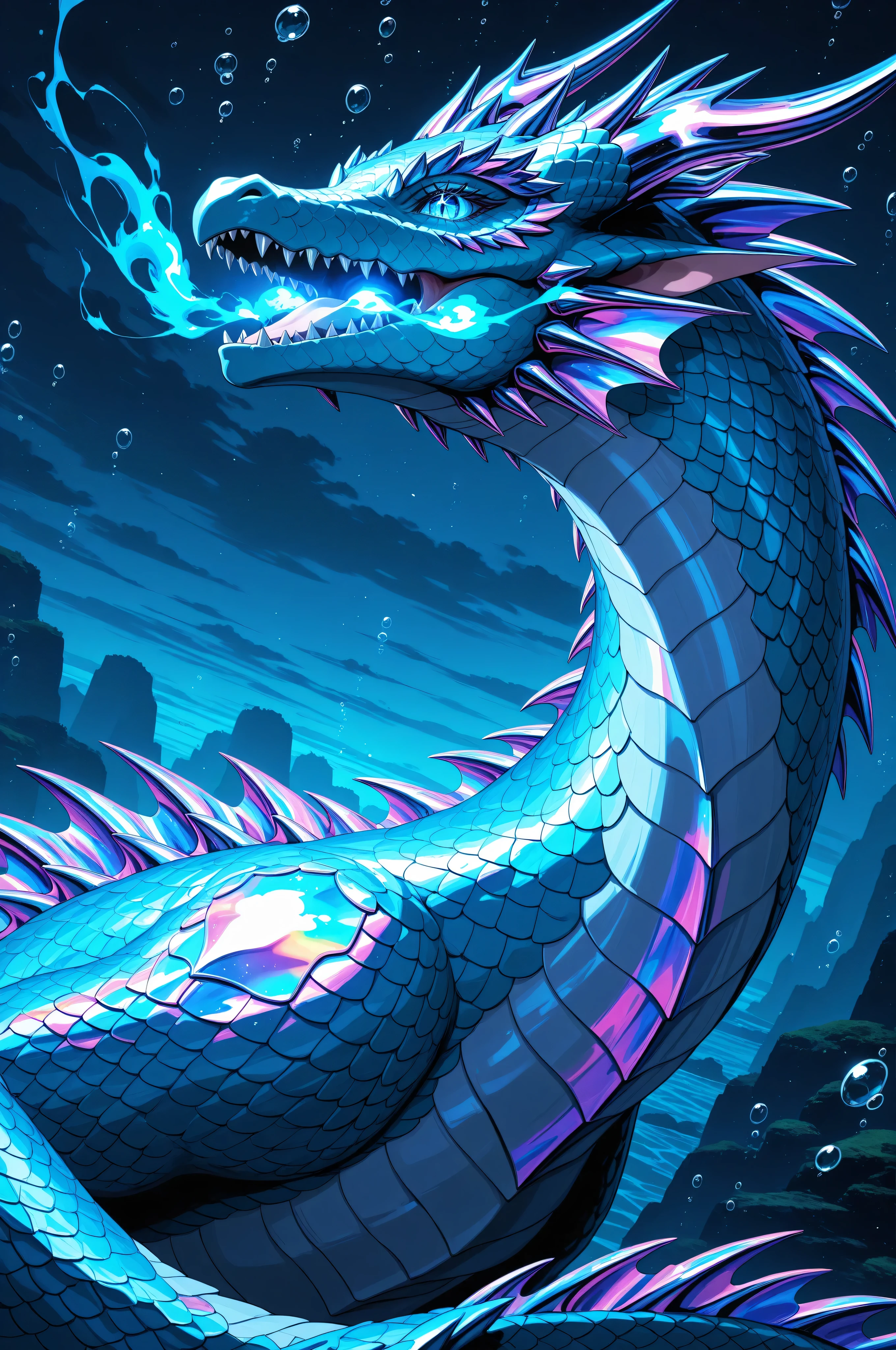 intricate underwater world with intricate detail, solo, 1dragon, blue slit eyes, (dragon scales iridescent:1.3), (magical prismatic dragons breath:1.4), airbrush multilayered art, beautiful, high contrast, 16k, very intricate detailed painting, detail to detail background, smooth and flawless scales, very intricate detailed texture, very intricate detailed detail, extremely highest quality, highest quality, best quality, absurd resolution,