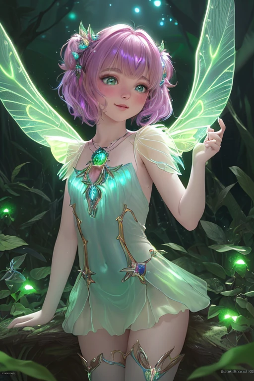 tiny odd little pixie, anime style, Grape sprite,fairy wings, see-through gossamer, , in creepy, Japanese space, bombshell hair, platinum hair, Shaggy Layers,multcolored hair, sitting on lap<lora:EnvyPixieXL01:0.8>