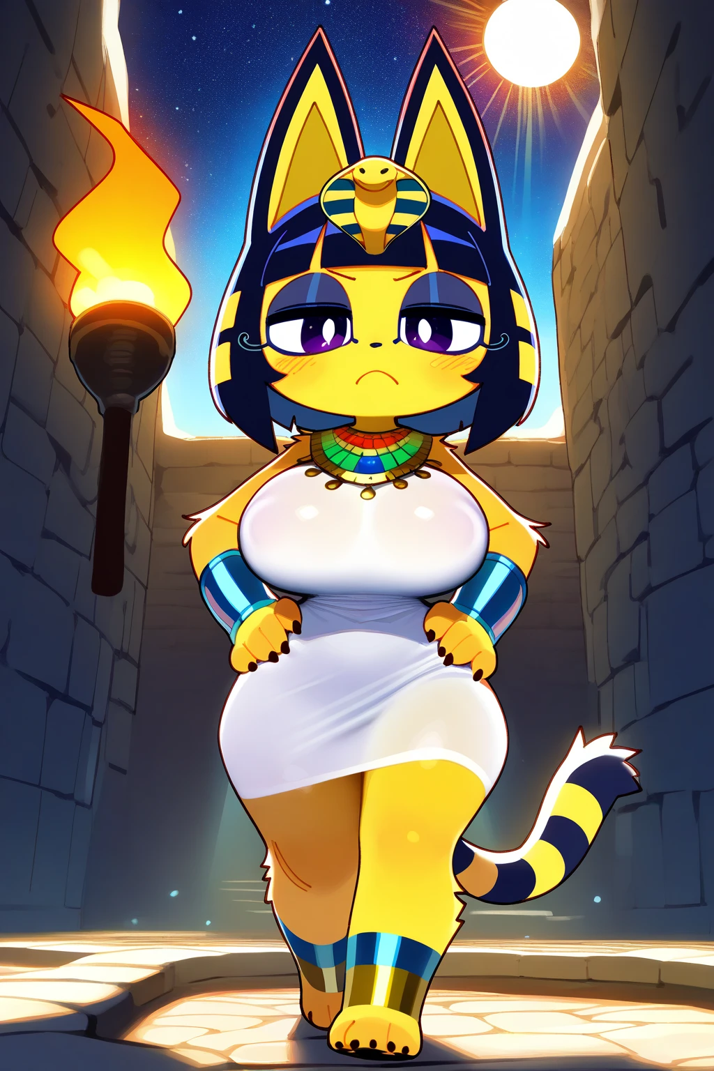 masterpiece,best quality, Ankha, elegant, skindentation, shiny yellow skin, wide hips, cleavage, high quality, 1girl, (bandages), short hair, yellow skin, tail, solo, animal ears, 3d, Ankha (Animal Crossing), jitome, (looking at viewer), (expressionless face), ((huge breasts)), (narrowed eyes), (crossed arms), (black thighhighs), (swimsuit), eye of bhorus, (large breasts), (((fat))), ((((plump)))), street at night,