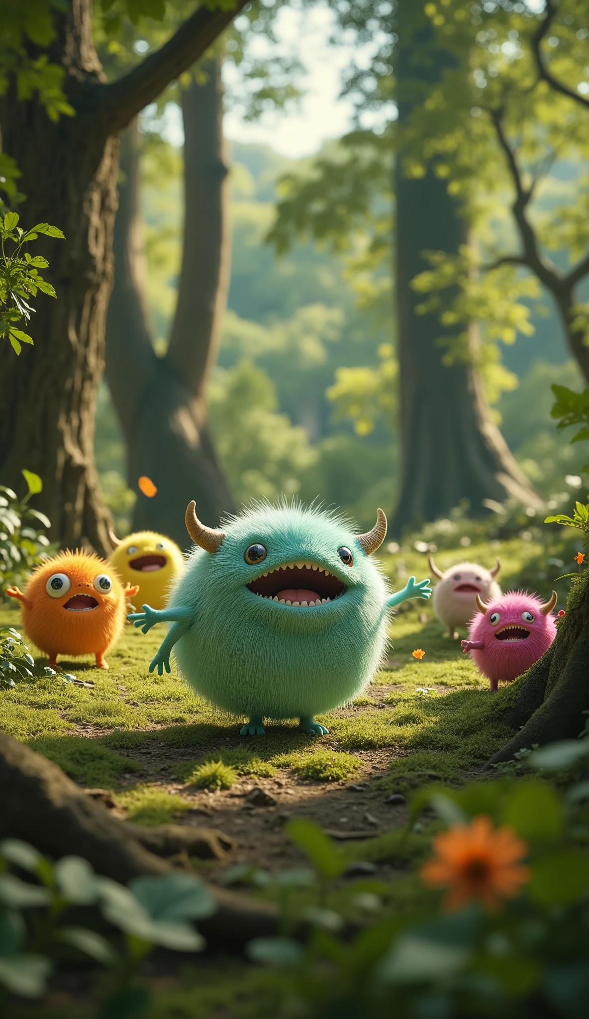 live-action、real、8K、HDR、In the woods、cute little monsters