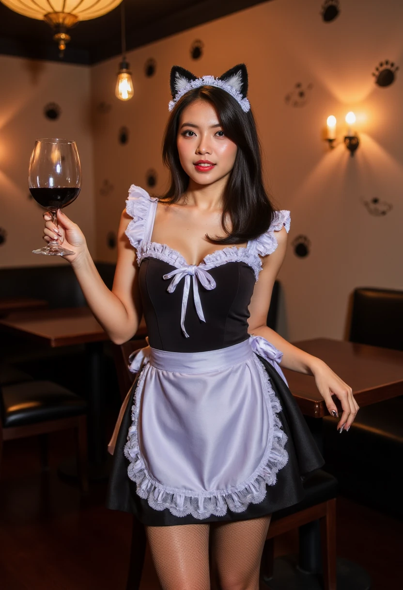pattaya, <lora:bargirl:1.0> photo of bargirl, dressed as a maid, showing of on the bar stage, looking at the viewer, tack sharp, professionally color graded dslr