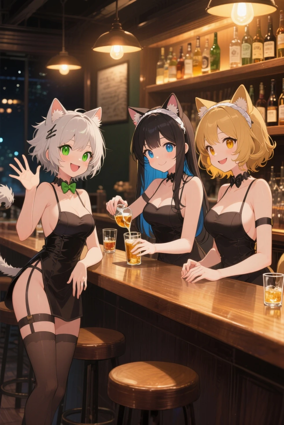 (In 8K, best quality, muste piece:1.2), ultra high resolution,1 female 16 years old、ultra-detailed face,detailed eyes,open mouth,laughing, dark skin, a lady with silver cat ears, full body, silver wave short hair, grab a microphone, green eyes, gray camisole, gray tight leather skirt, ((orange corset)), no background,