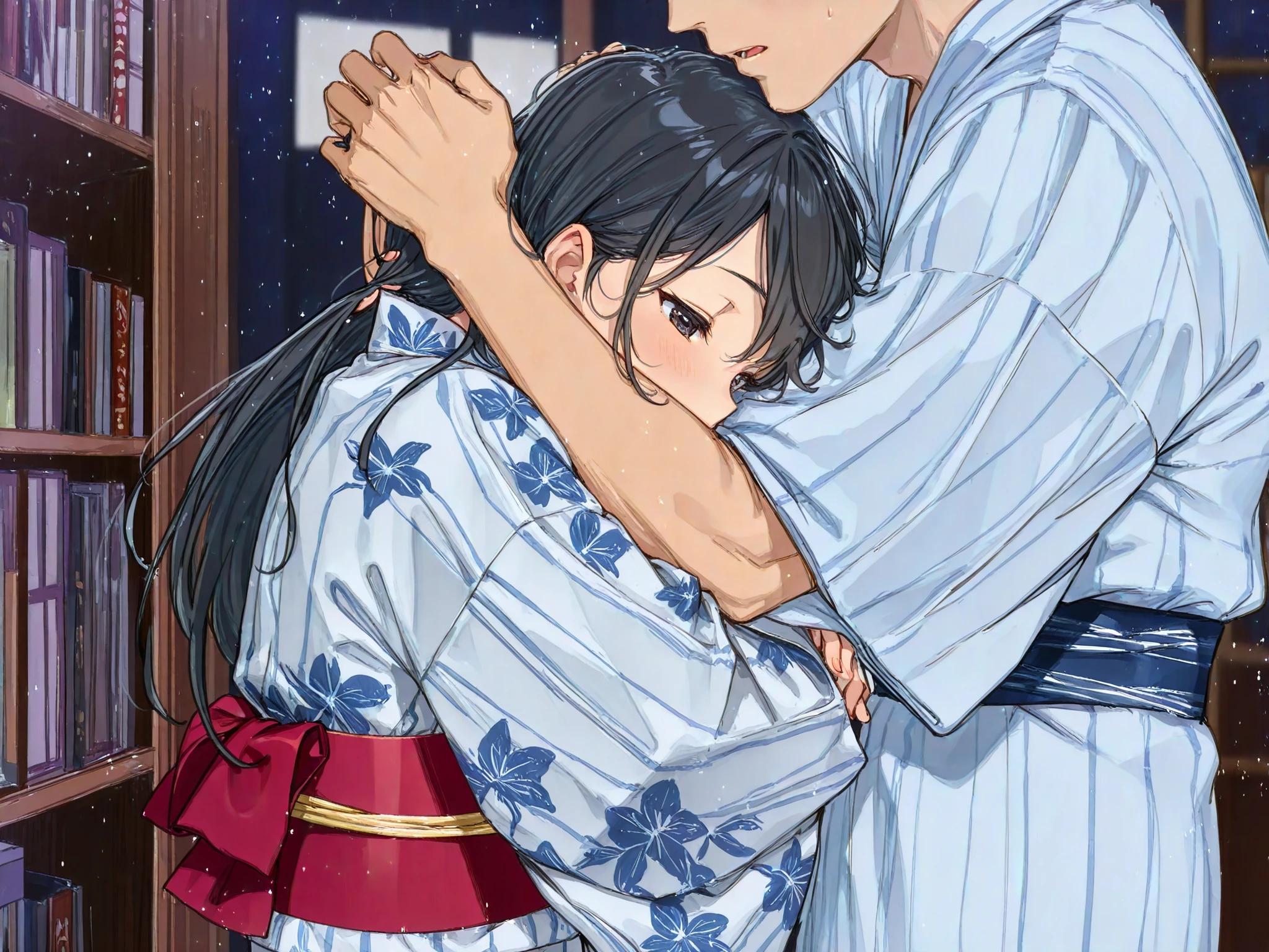 Woman in yukata long black hair in the library make your whole body visible Men and women hugging each other (((Do women wear yukata properly)) ) Bare off a woman's lower body Expand female genitals