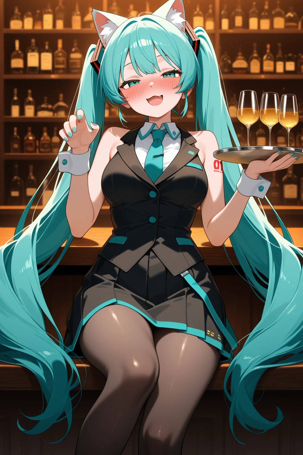 masterpiece, best quality, highres, dragon ball, blmlong, aqua hair, blunt bangs, long hair, playboy bunny, rabbit ears, black pantyhose, red bowtie, wrist cuffs, black leotard, large breasts, restaurant, holding tray, food, beer,